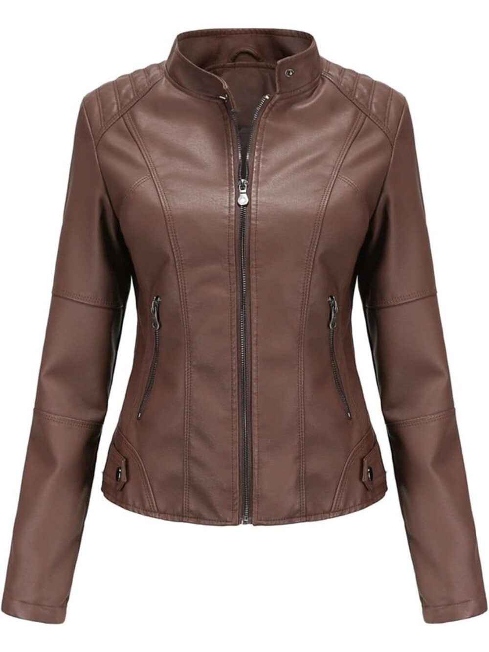 Women’s Brown Oversized Faux Leather Moto Biker Jacket Plus Size Motorcycle Coat